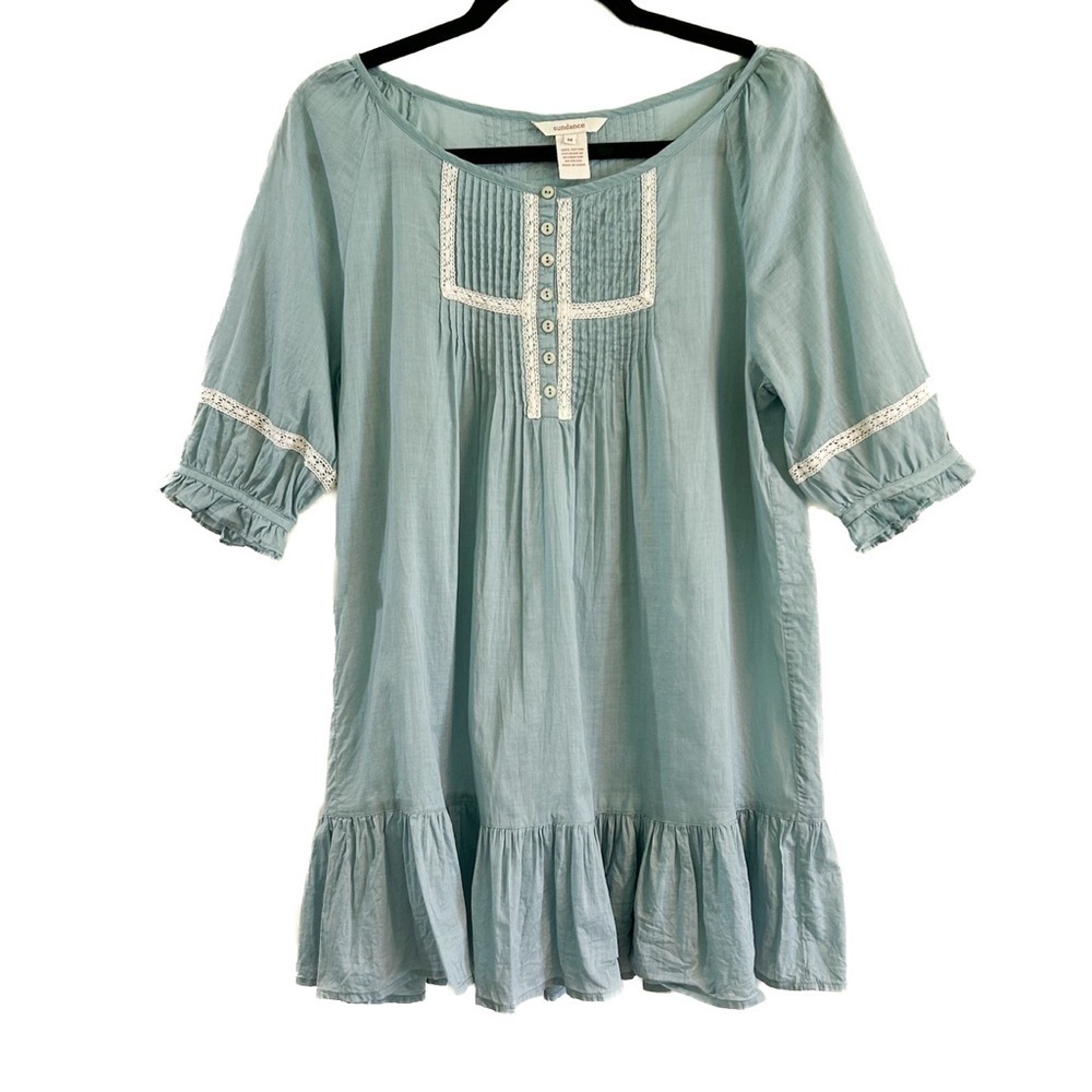 Sundance Pleated Blue Tunic Peasant Cottagecore Cotton Prairie Romantic Sz Med - Picture 1 of 10